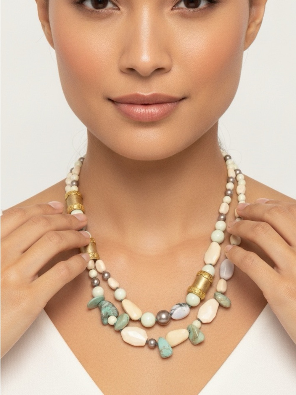 Alexis Bittar Gold Tone Moss Agate and Turquoise Statement Necklace